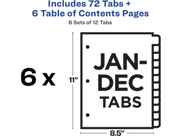 Avery Jan-Dec 12 Tab Dividers for 3 Ring Binders, Customizable Table of Contents, Multicolor Tabs, 6 Sets (11830)